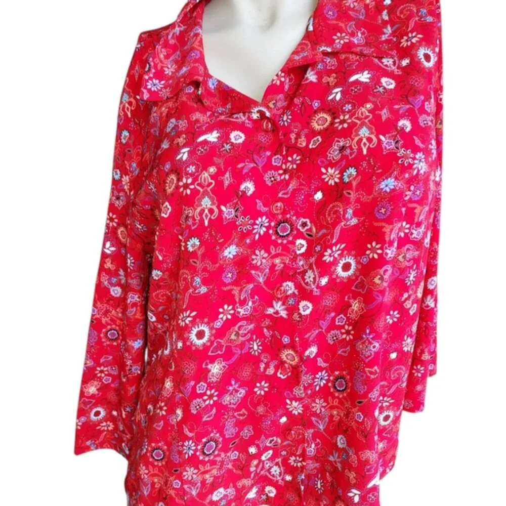 Christopher and Banks Size XL Women's Floral 3/4 Sleeve Red Button Down Top - Picture 6 of 16